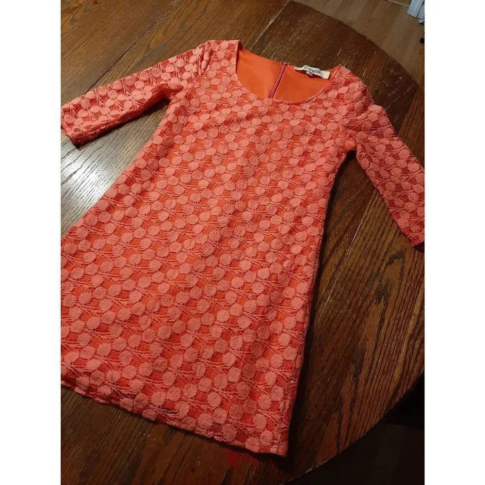 Small Emmelee Orange Coral Lined Crochet Lace Knitted Lace Overlay Mini Dress